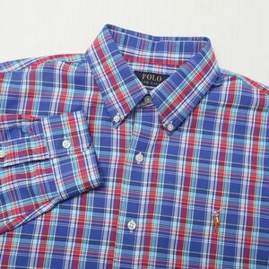 Polo Ralph Lauren Shirt Mens Large Blue Plaid Long Sleeve Button Down Flesh Pony